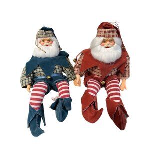 Santa Claus Elf Posable Shelf Sitter Ornaments Lot of 2 11” (flat) Vintage